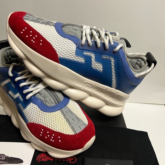 Versace Chain Reaction Platform Low Top Sneakers Blue Red Size 9.5 42.5 Repl Box - Picture 8 of 12